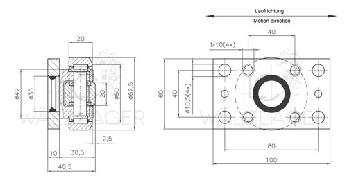 Skizze Kombirolle MR0001.M1PMR01 D=62,5 mm, verschweisst mit Platte 100x60x10 mm