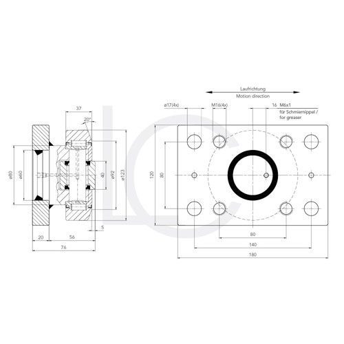 Skizze Kombirolle MR0009PMR07 D=123 mm verschweißt mit Platte 180x120x20 mm