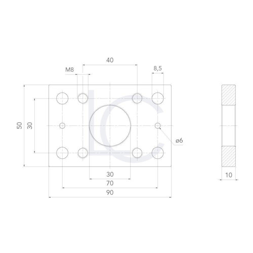 Skizze Anschraubplatte rechteckig PMR706 90x50x10 mm