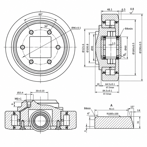 Technische Skizze Kombirolle MR0012.W Ø 190 mm mit Abmessungen