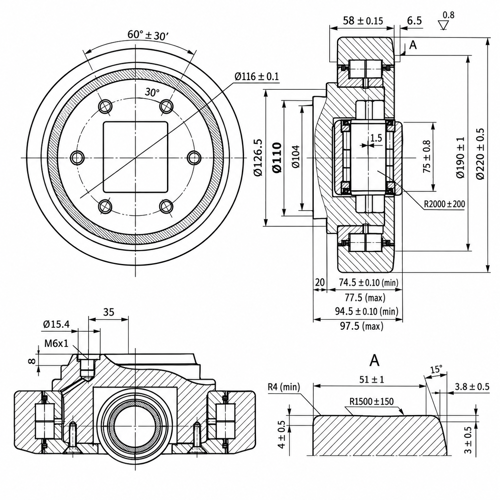 Technische Skizze Kombirolle MR0013.W mit Abmessungen