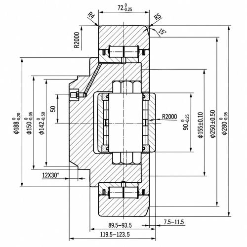 Technische Skizze Kombirolle MR0015.W Ø 280 mm mit Abmessungen und Schnittansicht