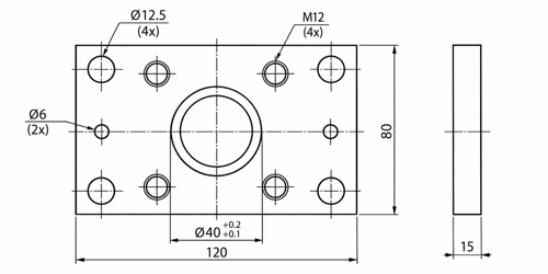 Technische Zeichnung der Anschraubplatte PMR03, 120 × 80 × 15 mm, mit Bohrungen und zentraler Ø40-mm-Aufnahme