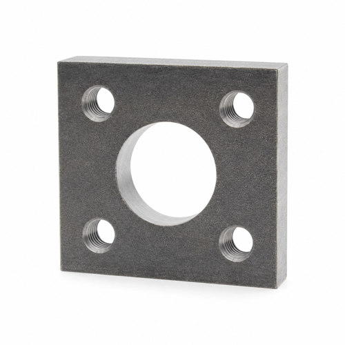 Quadratische Anschraubplatte PMR706-Q, 50 × 50 × 10 mm, mit zentraler Ø-30-mm-Aufnahme und vier M8-Gewindebohrungen