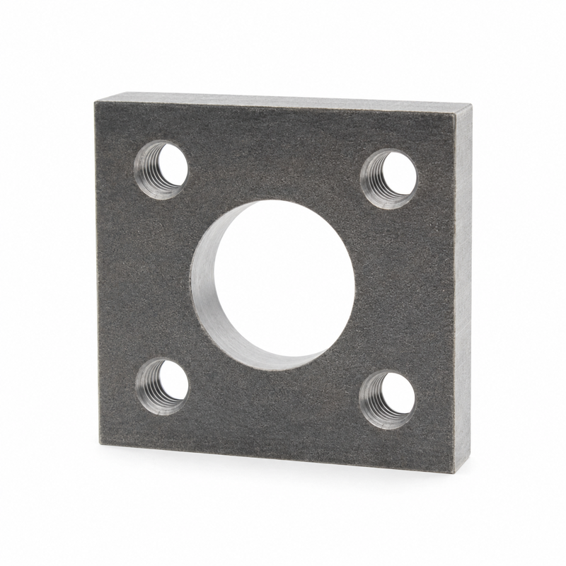 Quadratische Anschraubplatte PMR706-Q, 50 × 50 × 10 mm, mit zentraler Ø-30-mm-Aufnahme und vier M8-Gewindebohrungen