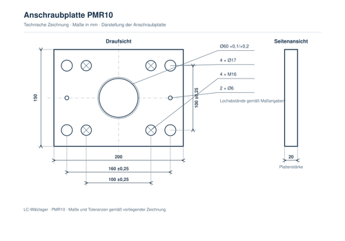 Technische Zeichnung der Anschraubplatte PMR10, 200 × 150 × 20 mm, mit zentraler Ø-60-mm-Aufnahme sowie 4 × Ø 17 mm, 4 × M16 und 2 × Ø 6 mm