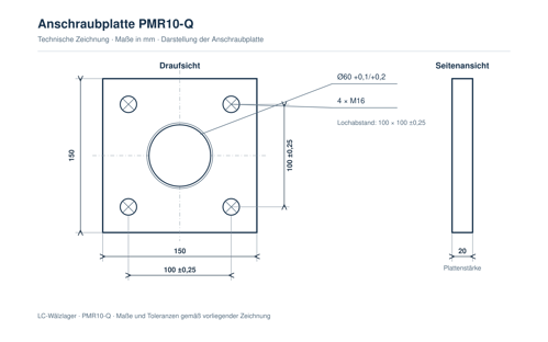 Technische Zeichnung der quadratischen Anschraubplatte PMR10-Q, 150 × 150 × 20 mm, mit Ø-60-mm-Aufnahme und vier M16-Gewindebohrungen im 100-mm-Raster