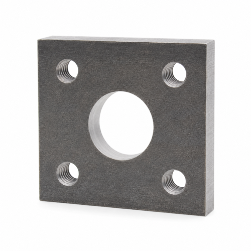 Quadratische Anschraubplatte PMR10-Q, 150 × 150 × 20 mm, mit zentraler Ø-60-mm-Aufnahme und vier M16-Gewindebohrungen