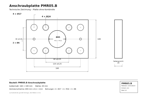 Technische Zeichnung der Anschraubplatte PMR05.B mit den Maßen 160 × 100 × 20 mm, zentraler Ø45-mm-Aufnahme und Befestigungsbohrungen