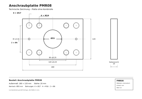 Technische Zeichnung der Anschraubplatte PMR08, 180 × 120 × 20 mm, mit Kernloch Ø55 mm und Befestigungsbohrungen