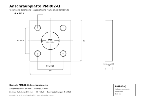 Technische Zeichnung der quadratischen Anschraubplatte PMR02-Q, 80 × 80 × 15 mm, mit Ø35-mm-Aufnahme und vier M12-Gewindebohrungen im 50 × 50-mm-Lochbild