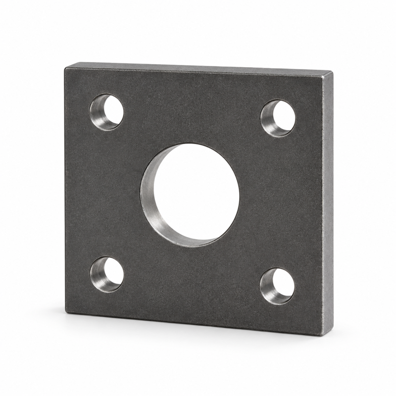 Quadratische Anschraubplatte PMR02-Q, 80 × 80 × 15 mm, mit zentraler Ø35-mm-Aufnahme und vier M12-Bohrungen