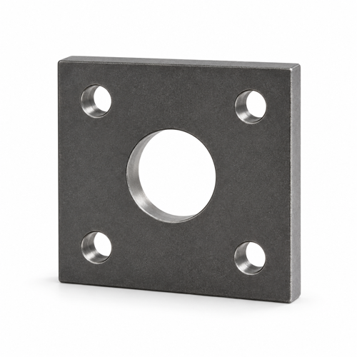 Quadratische Anschraubplatte PMR05-Q 120 × 120 × 20 mm mit Ø45-Aufnahme und 4 × M16