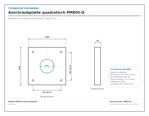 Technische Zeichnung der quadratischen Anschraubplatte PMR05-Q, 120 × 120 × 20 mm, mit Ø45-Aufnahme und 4 × M16