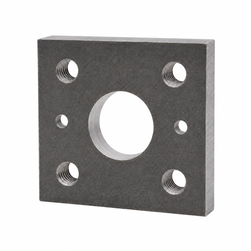 Quadratische Anschraubplatte PMR11-Q aus S235JR, 165 × 165 × 23 mm, mit zentraler Ø80-mm-Bohrung und Befestigungsbohrungen
