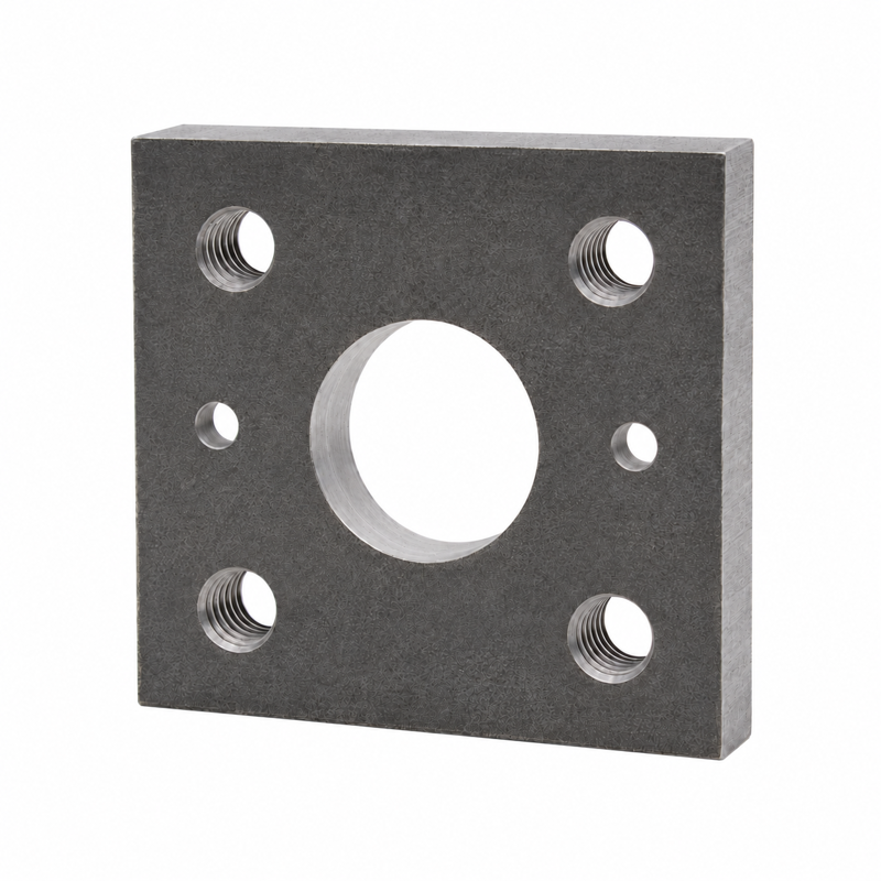 Quadratische Anschraubplatte PMR11-Q aus S235JR, 165 × 165 × 23 mm, mit zentraler Ø80-mm-Bohrung und Befestigungsbohrungen