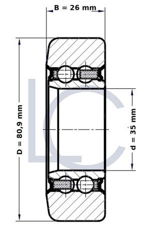 Technische Schnittzeichnung der Hubmastrolle STI L0040 mit den Maßen d = 35 mm, D = 80,9 mm und B = 26 mm.
