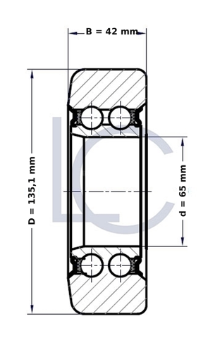 Technische Schnittzeichnung der Hubmastrolle STI L0130 mit den Maßen d = 65 mm, D = 135,1 mm und B = 42 mm.