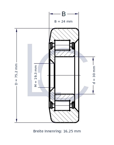 Technische Zeichnung der Hubmastrolle STI S0010, Maße: D 75,2 mm, B 24 mm, d 30 mm, M 19,3 mm, Innenringbreite 16,25 mm