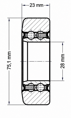 Technische Zeichnung der Hubmastrolle LIN0005, 28 × 75,1 × 23 mm