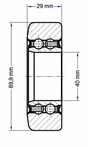 Technische Zeichnung der Hubmastrolle LIN0070, 40 × 89,9 × 29 mm