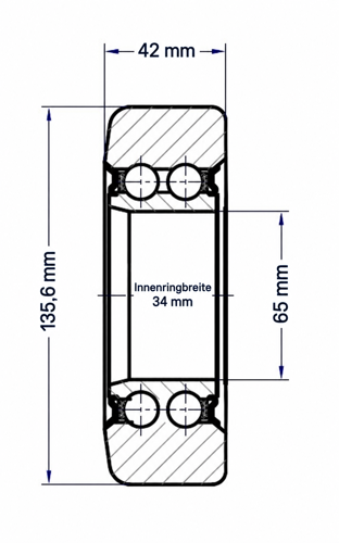 Technische Zeichnung der Hubmastrolle LIN0140, 65 × 135,6 × 42 mm, Innenringbreite 34 mm