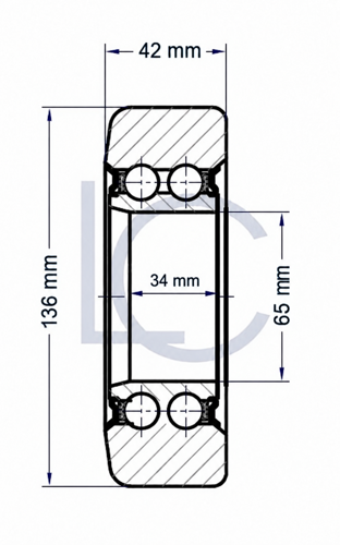 Technische Zeichnung der Hubmastrolle LIN0150, 65 × 136 × 42 mm, Innenringbreite 34 mm