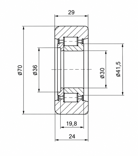 Technische Zeichnung der Hubmastrolle DAN0400, 30 × 70 × 29 mm, passend für DANTRUCK-Gabelstapler
