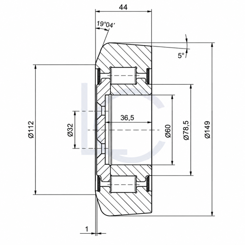 Technische Zeichnung der Hubmastrolle DAN0340, 60 × 149 × 44 mm, mit Innenringbreite 36,5 mm