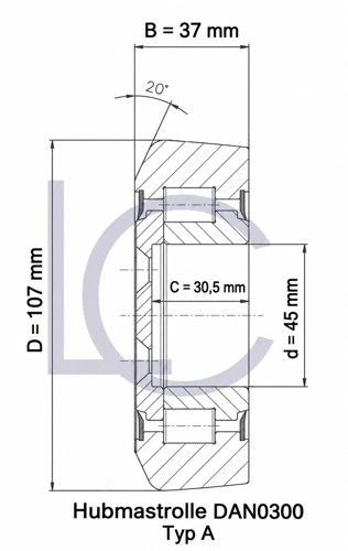 Technische Zeichnung der Hubmastrolle DAN0300 Typ A, 45 × 107 × 37 mm, mit 30,5 mm Innenringbreite
